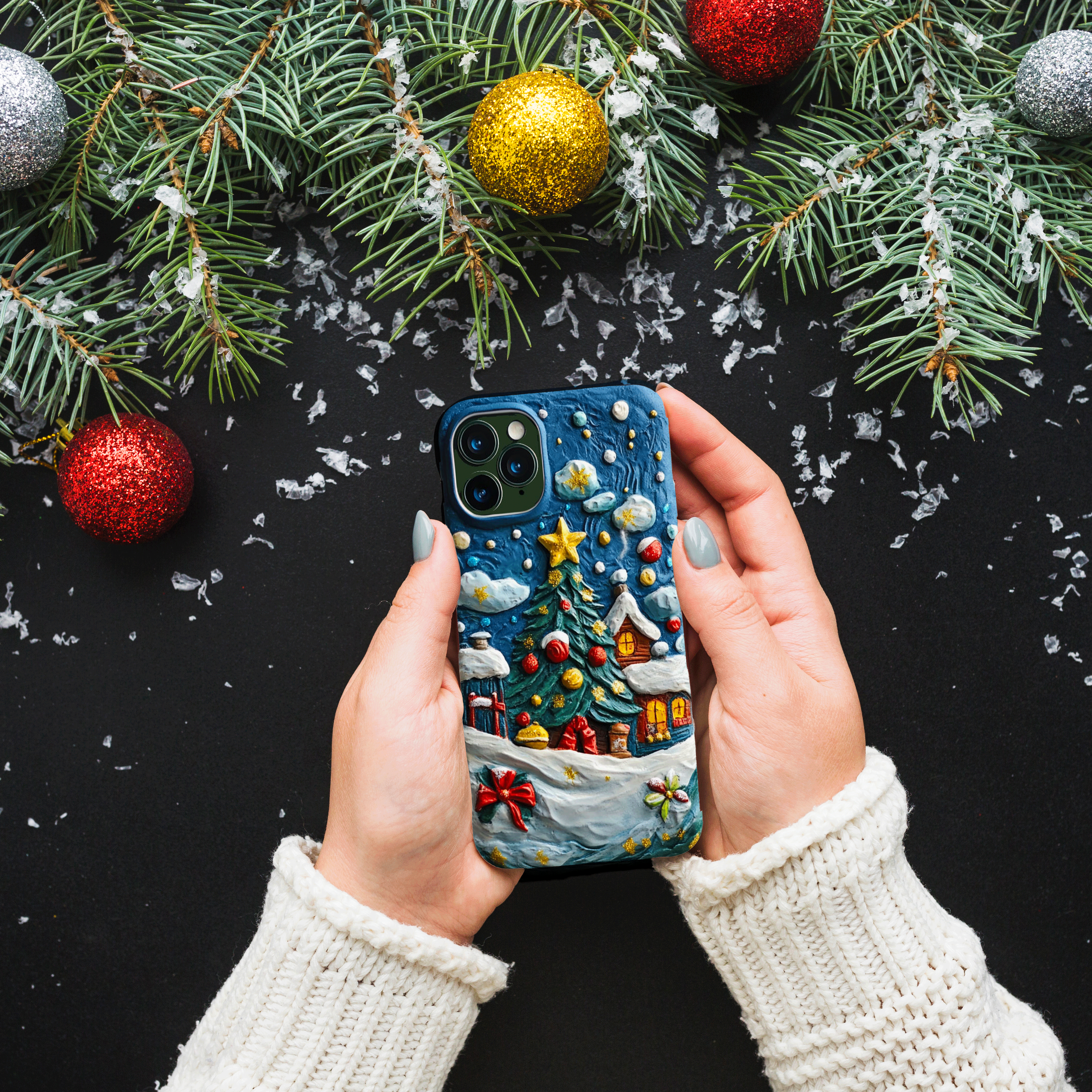 Super three-dimensional 3D oil painting Christmas tree phone case, multiple styles available, iPhone, Pixel, Samsung