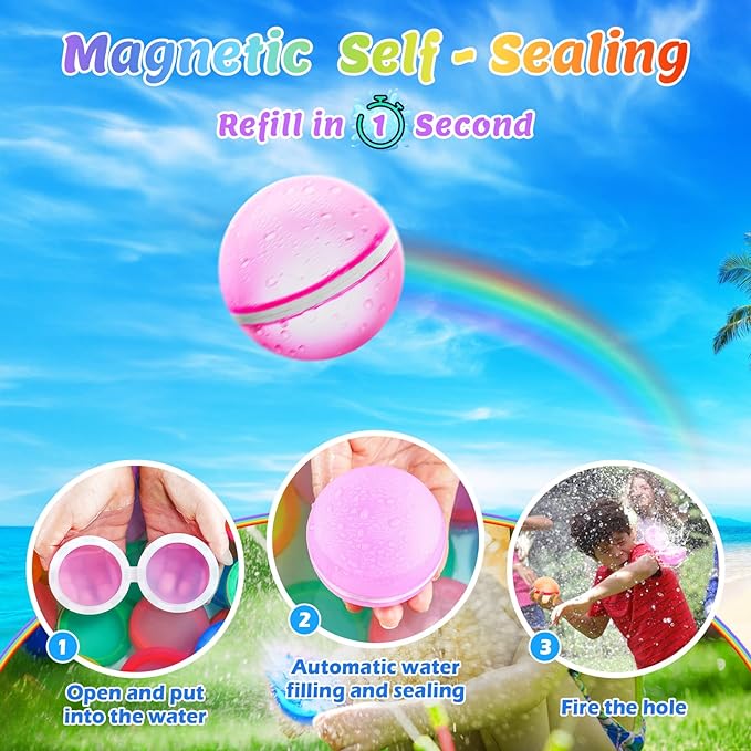 【8 Pack】💧Magnetic Reusable Water Balloons Fast Refillable for Kids Outdoor Activities, latex-free Kids Pool Beach Bath Toys, Self-Sealing Water Bomb Quick Fill for Summer Games