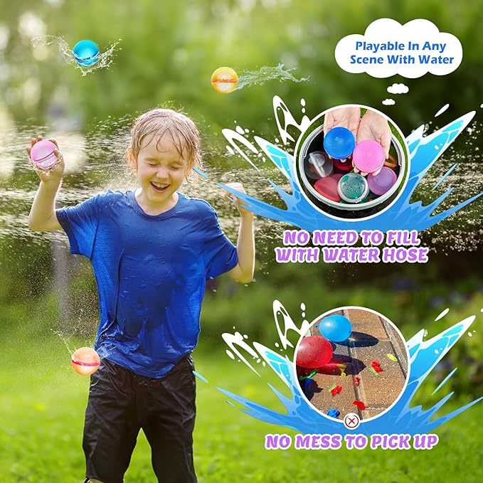 【8 Pack】💧Magnetic Reusable Water Balloons Fast Refillable for Kids Outdoor Activities, latex-free Kids Pool Beach Bath Toys, Self-Sealing Water Bomb Quick Fill for Summer Games