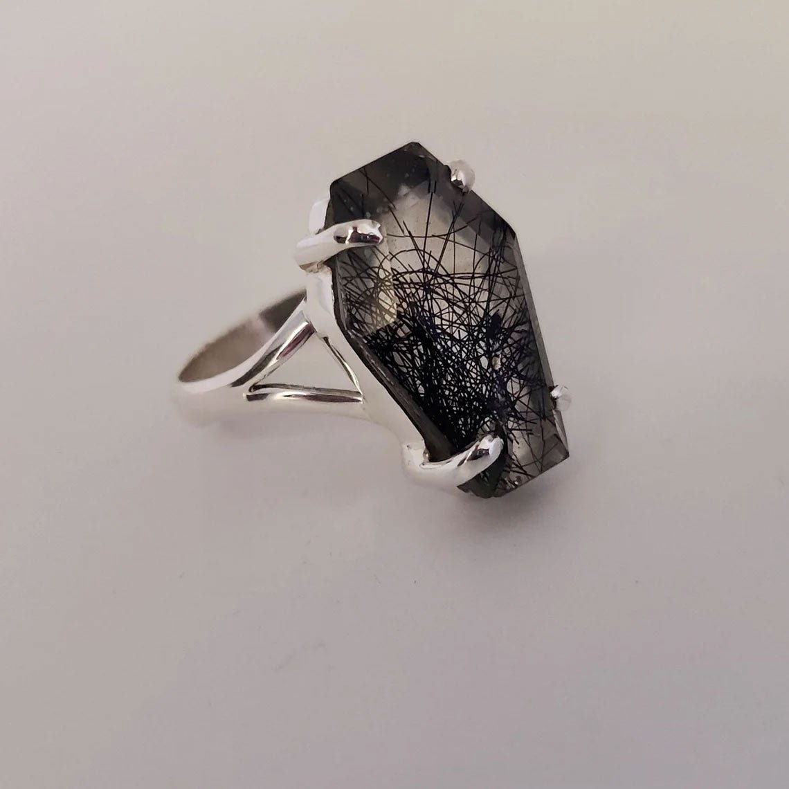 Black Rutile Coffin Ring, Women's Ring, Coffin Shape Gemstone Ring, Handmade Jewelry, Gift for Her