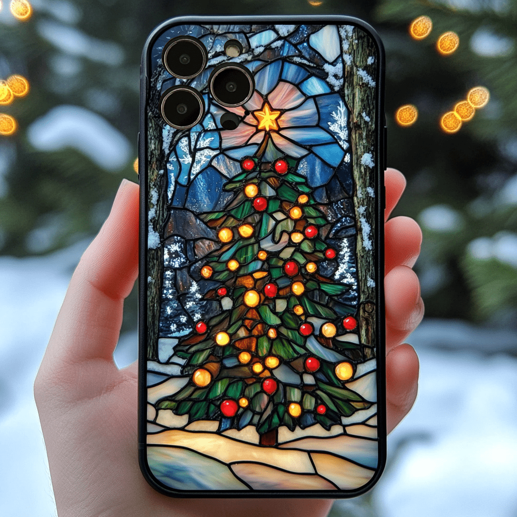 Christmas tree stained glass phone cases, multiple styles available, iPhone, Pixel, Samsung