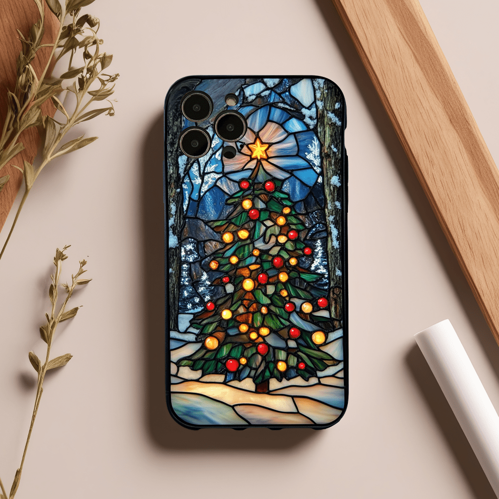 Christmas tree stained glass phone cases, multiple styles available, iPhone, Pixel, Samsung