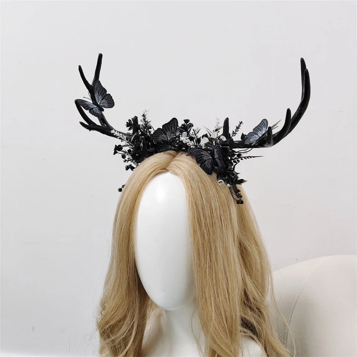 Fairy crown, black antler tiara with butterflies, birthday party crown, elf tiara, woodland fairy crown, flower crown for Halloween