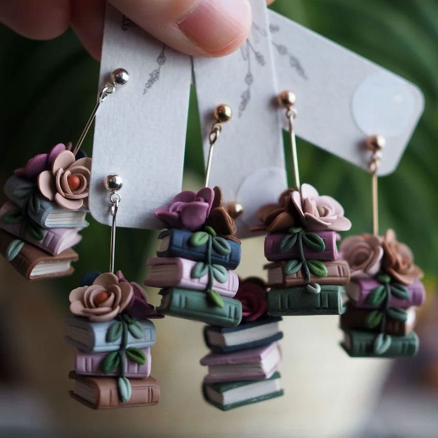 Floral bookstack clay earrings - rose gold