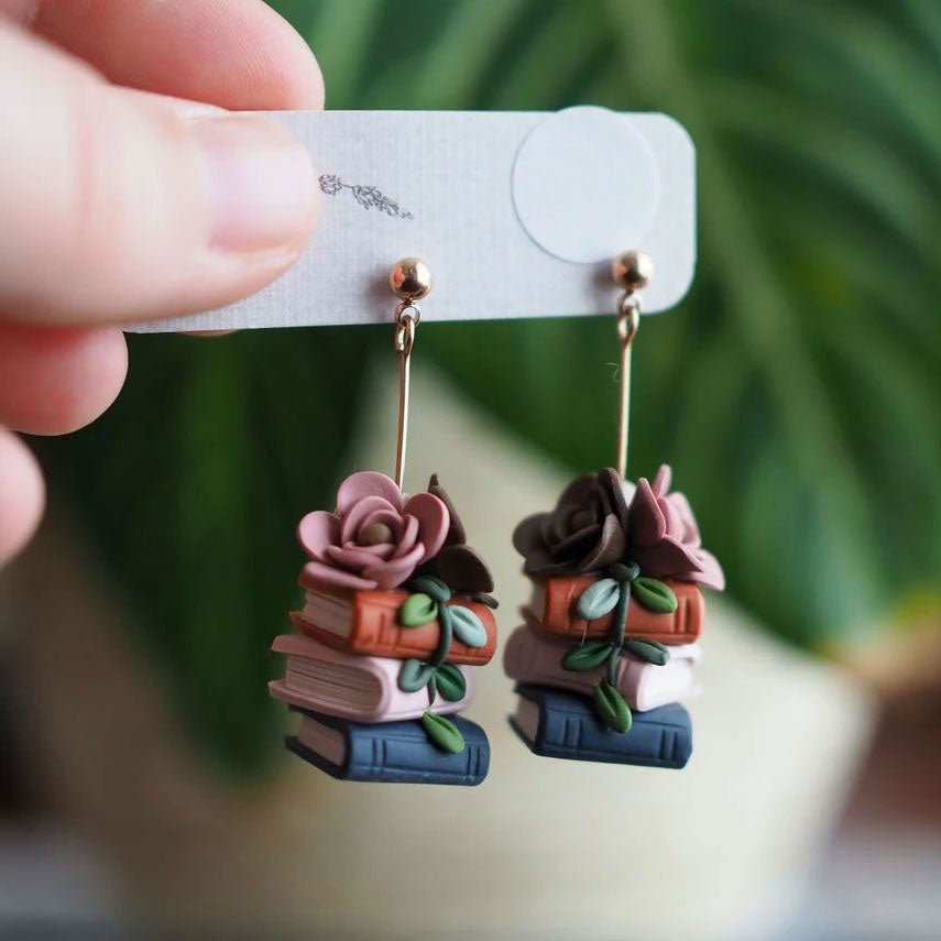 Floral bookstack clay earrings - rose gold