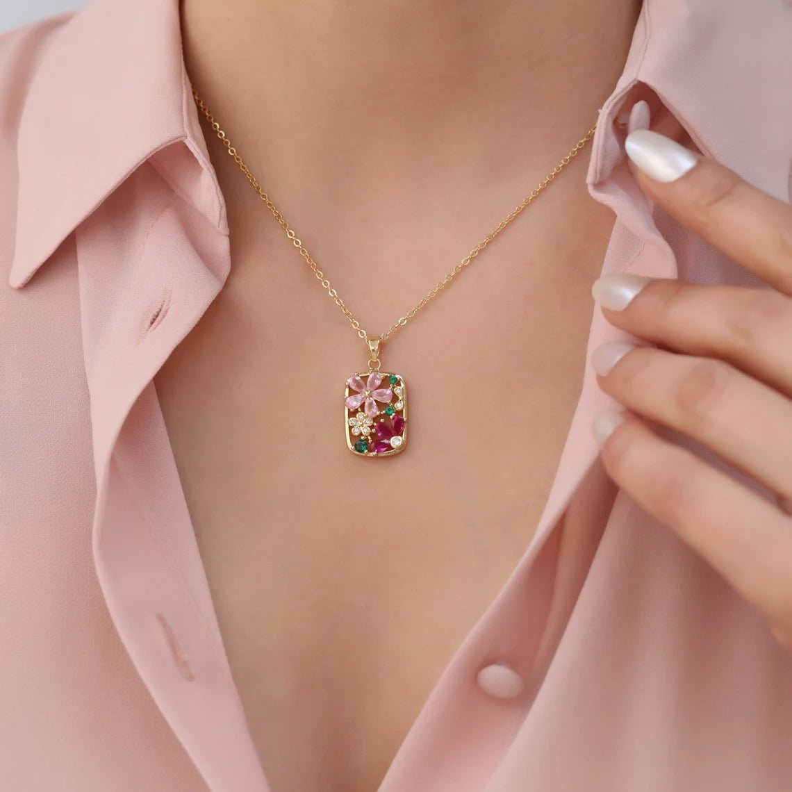 Gold flower pendant necklace, pink flower necklace for women