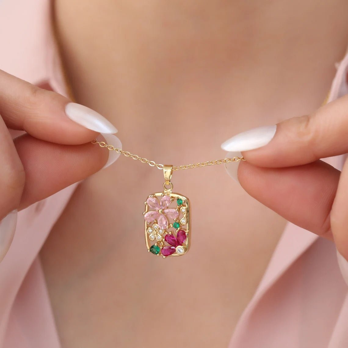 Gold flower pendant necklace, pink flower necklace for women