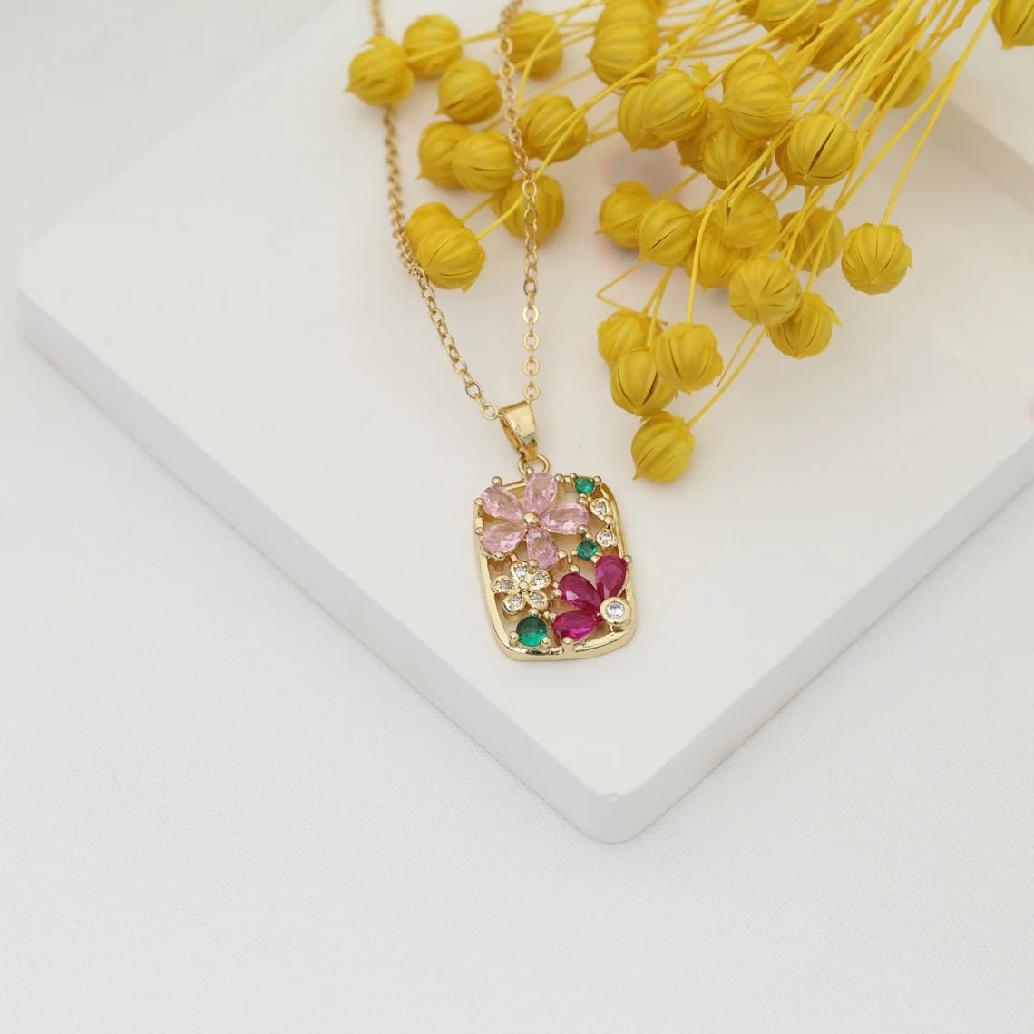 Gold flower pendant necklace, pink flower necklace for women