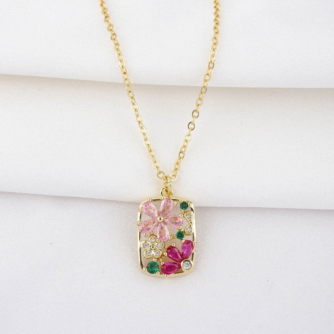 Gold flower pendant necklace, pink flower necklace for women