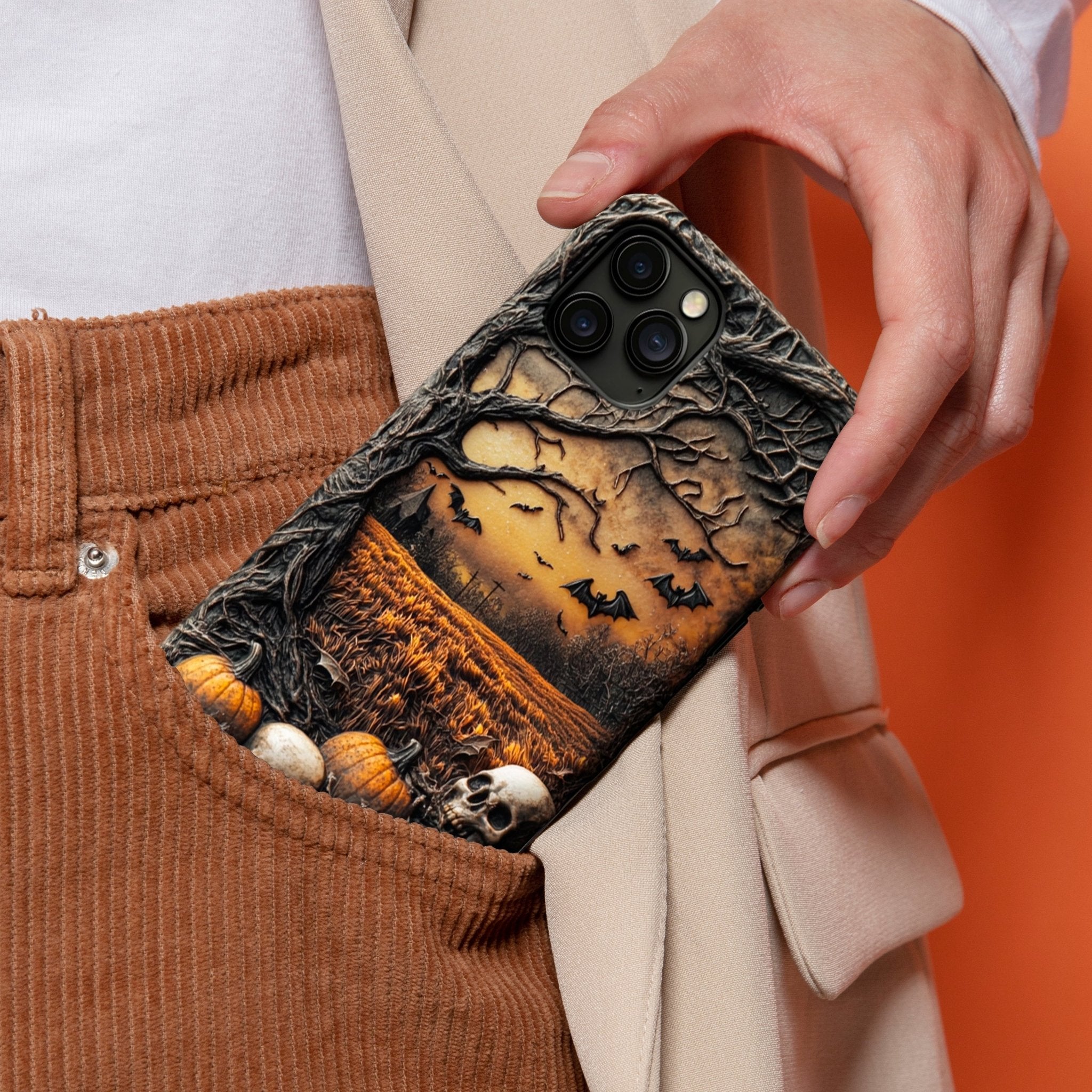 Halloween pumpkin skull phone case, multiple styles available, iPhone, Pixel, Samsung