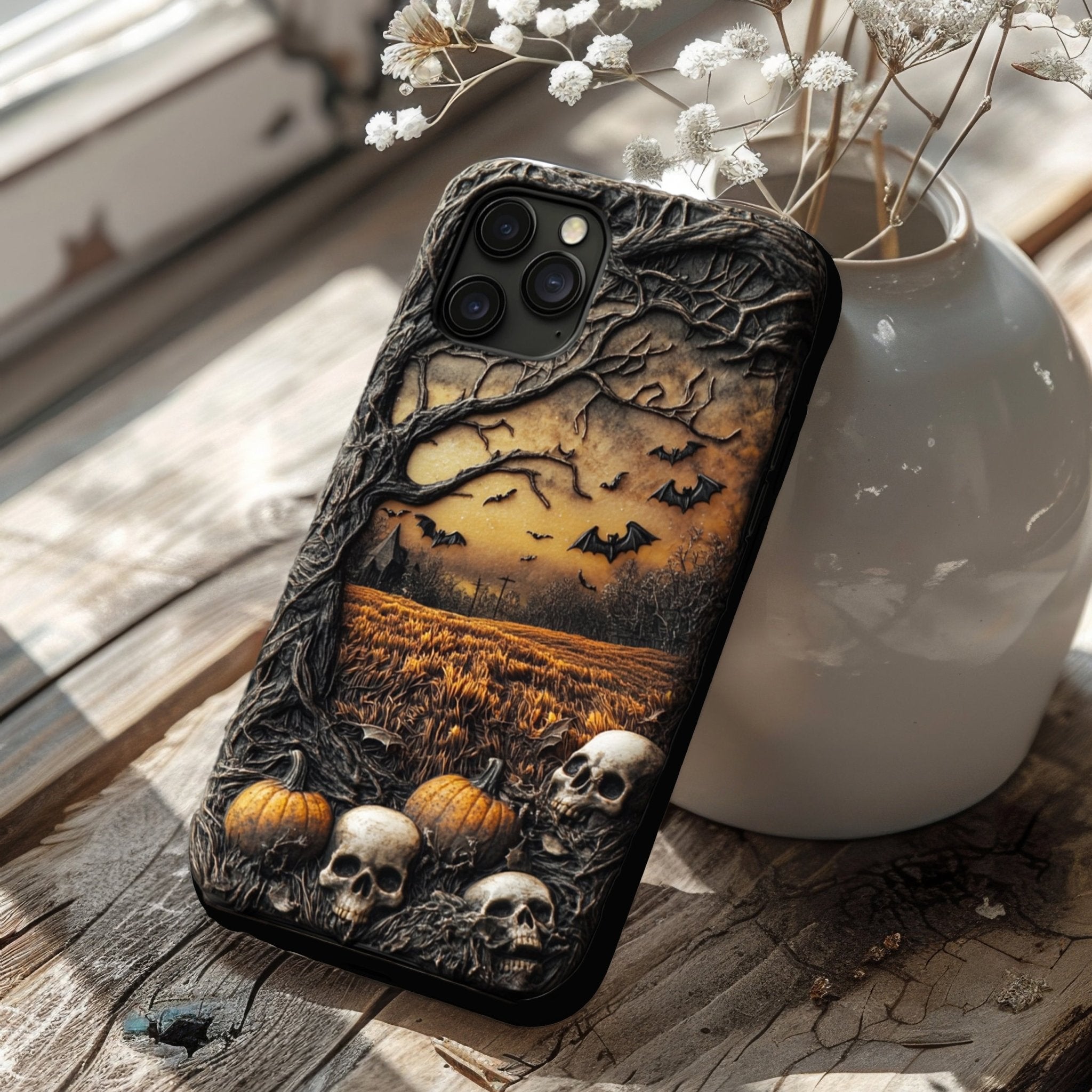 Halloween pumpkin skull phone case, multiple styles available, iPhone, Pixel, Samsung