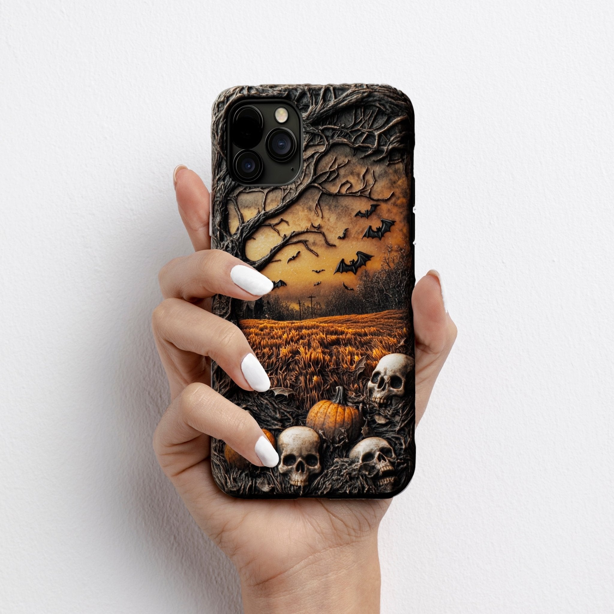 Halloween pumpkin skull phone case, multiple styles available, iPhone, Pixel, Samsung