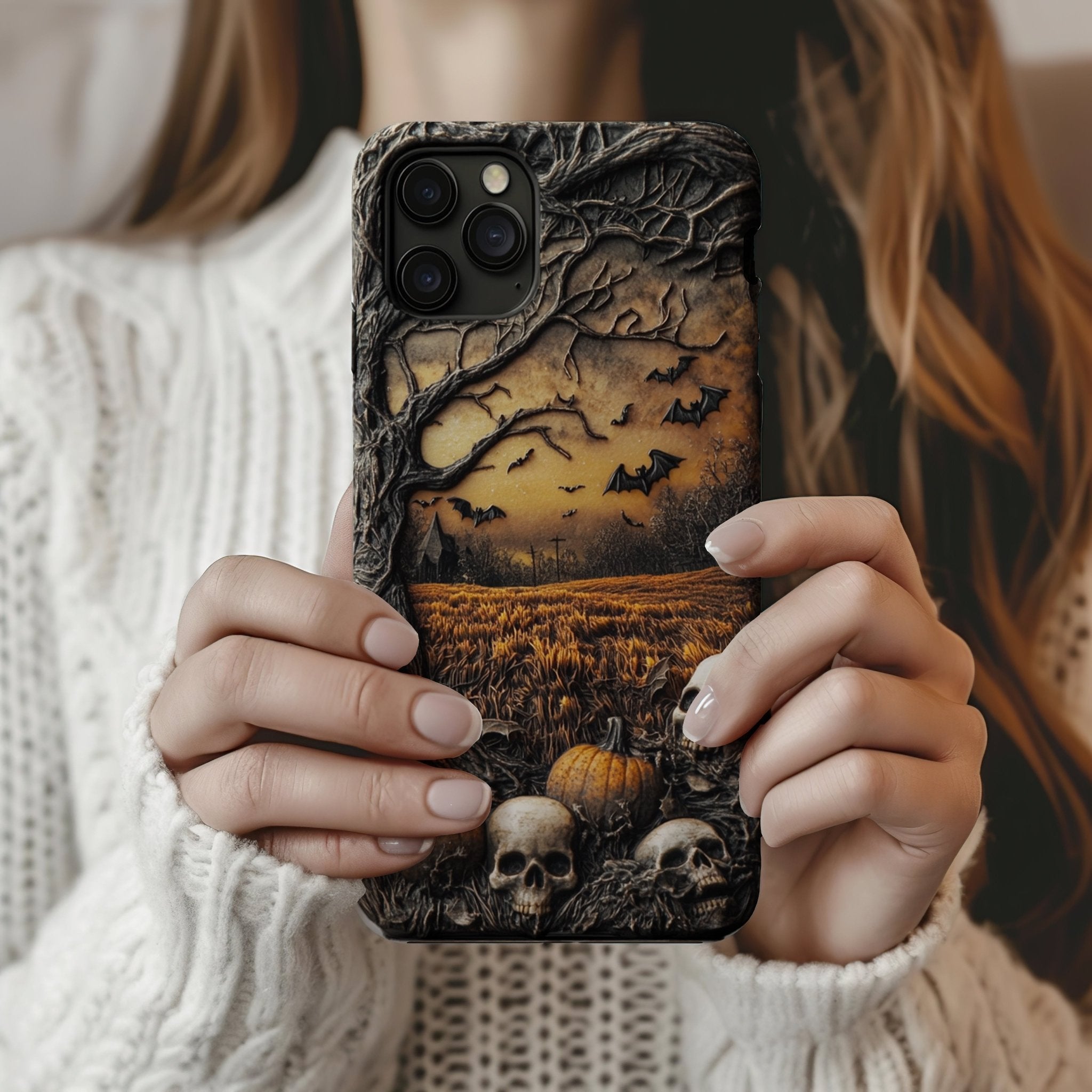 Halloween pumpkin skull phone case, multiple styles available, iPhone, Pixel, Samsung