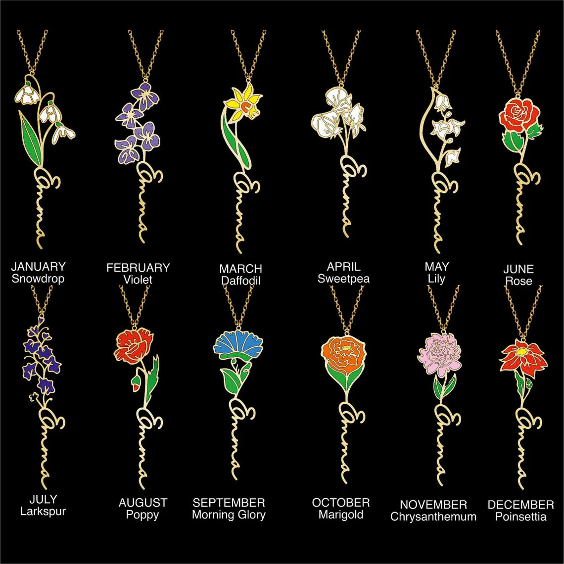 Personalized Birth Flower Necklace Custom Name,Personalized Gifts For Her Birthday Gifts