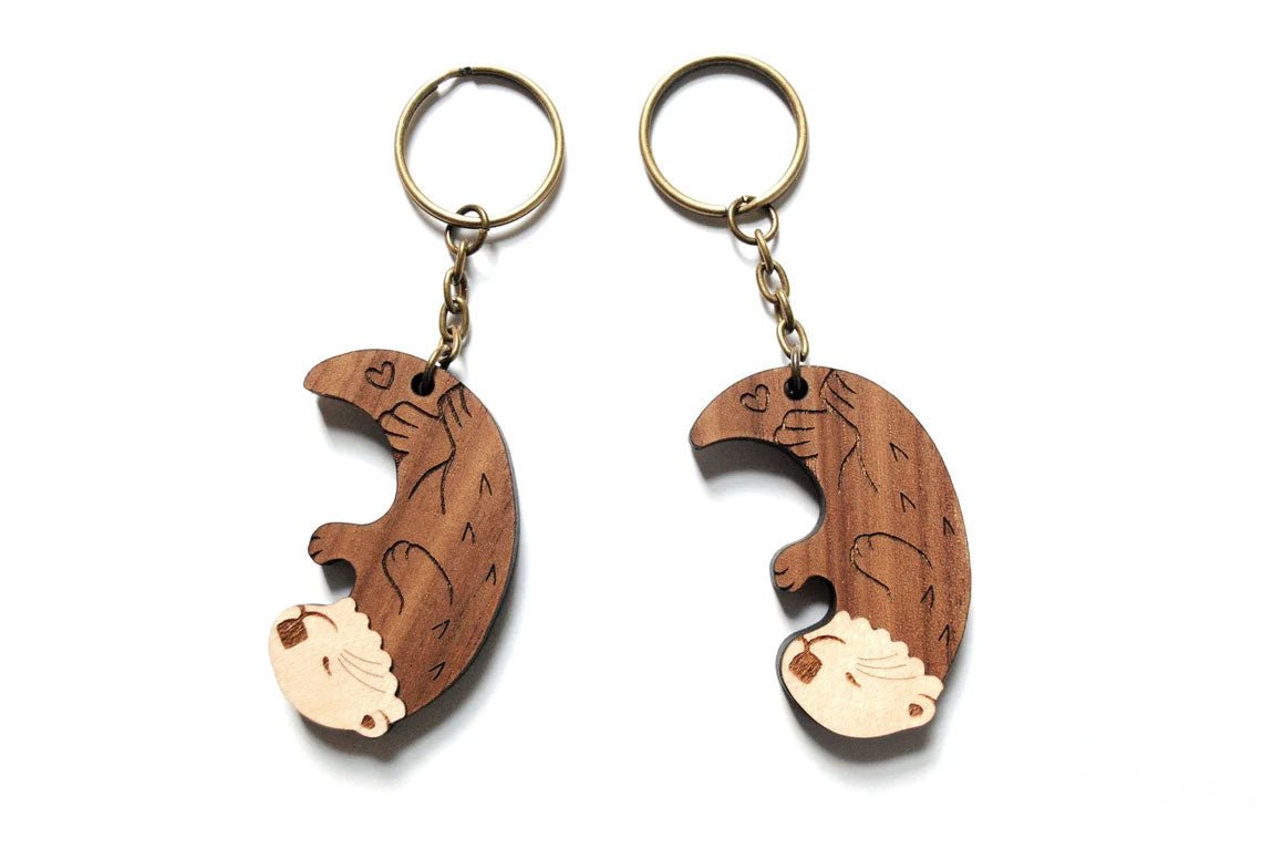 Interlocking Sea Otter Keychains - Friendship or Relationship matching wooden couple keychain set