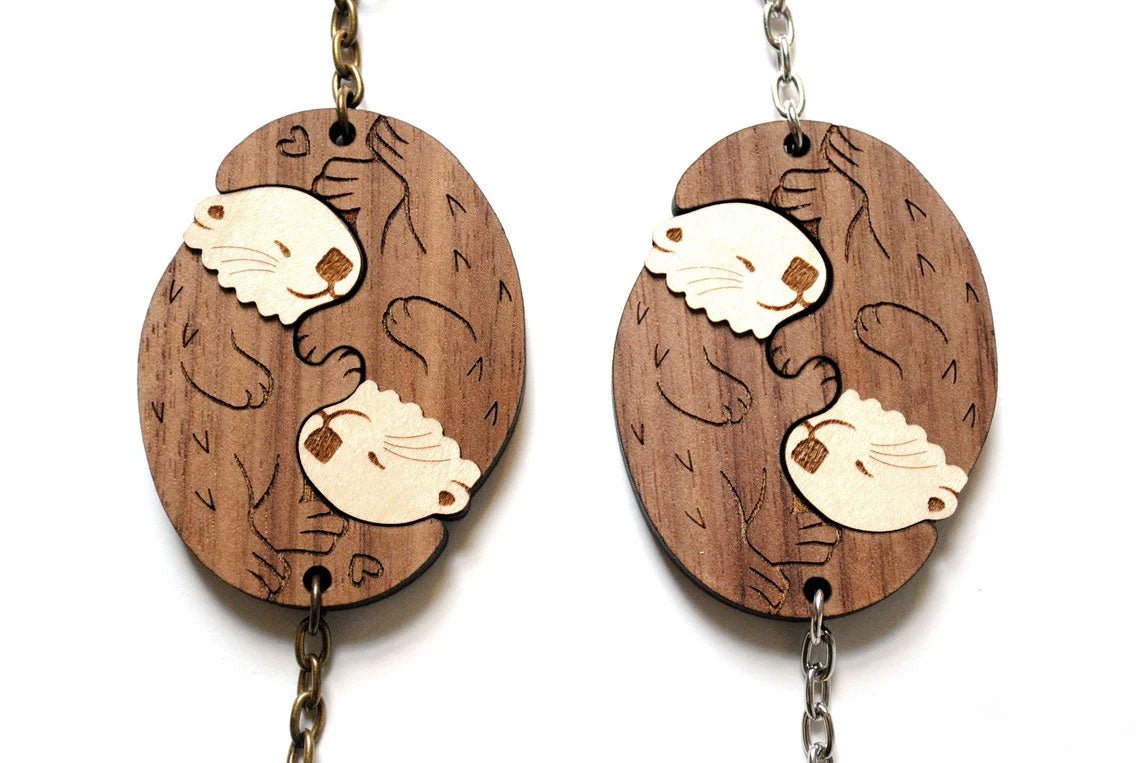 Interlocking Sea Otter Keychains - Friendship or Relationship matching wooden couple keychain set