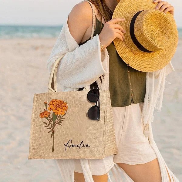 🌸 Personalized Birth Flower Jute Tote Bag - Unique Gift for Her! 🎁✨