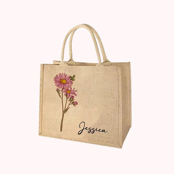 🌸 Personalized Birth Flower Jute Tote Bag - Unique Gift for Her! 🎁✨