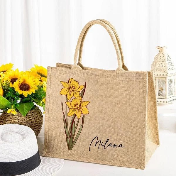 🌸 Personalized Birth Flower Jute Tote Bag - Unique Gift for Her! 🎁✨