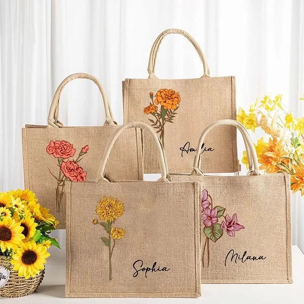 🌸 Personalized Birth Flower Jute Tote Bag - Unique Gift for Her! 🎁✨