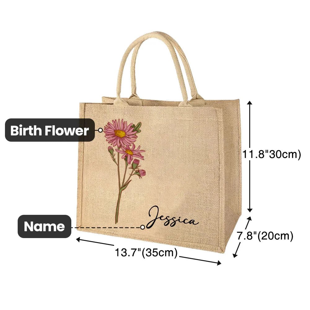 🌸 Personalized Birth Flower Jute Tote Bag - Unique Gift for Her! 🎁✨