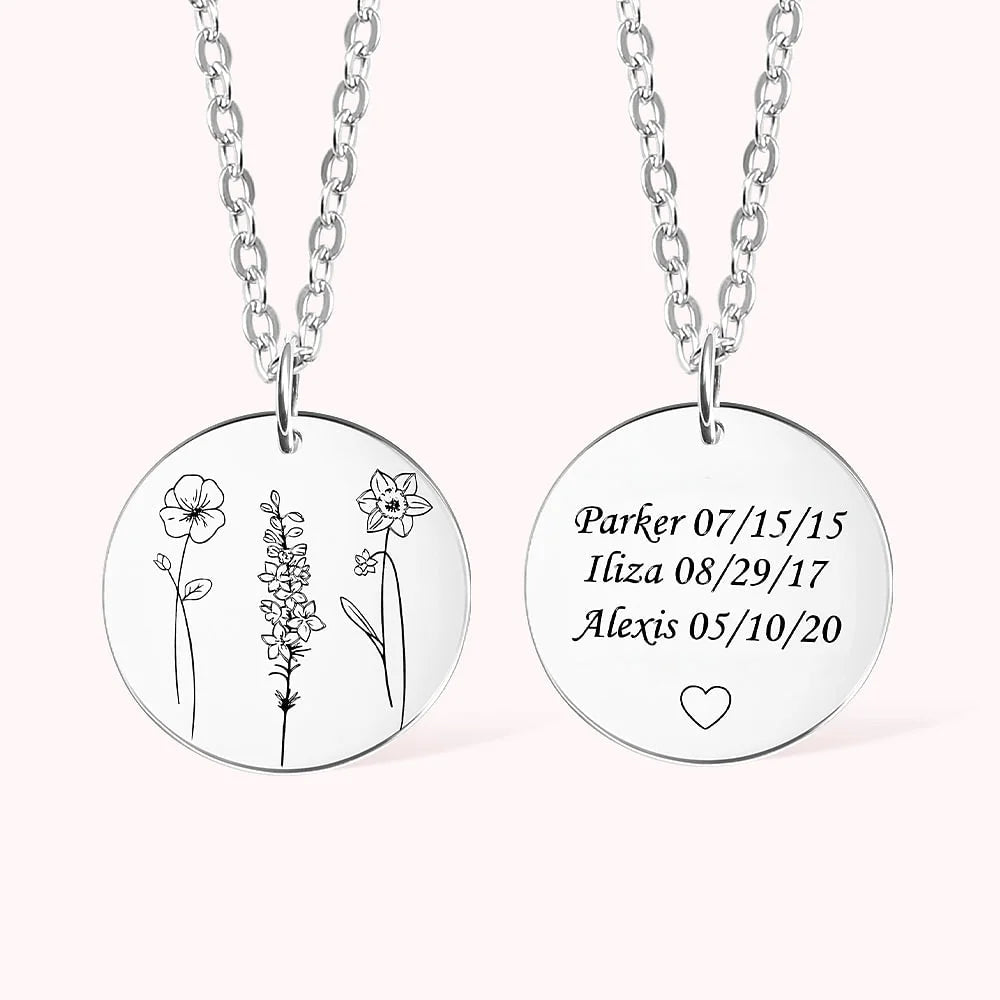 Personalized birthday flower necklace with 1-4 names engraved anniversary gift