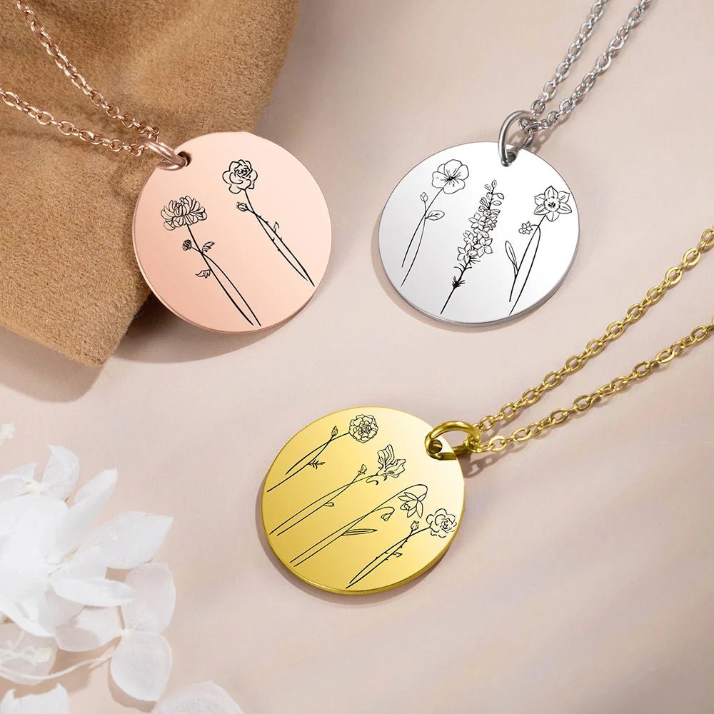 Personalized birthday flower necklace with 1-4 names engraved anniversary gift