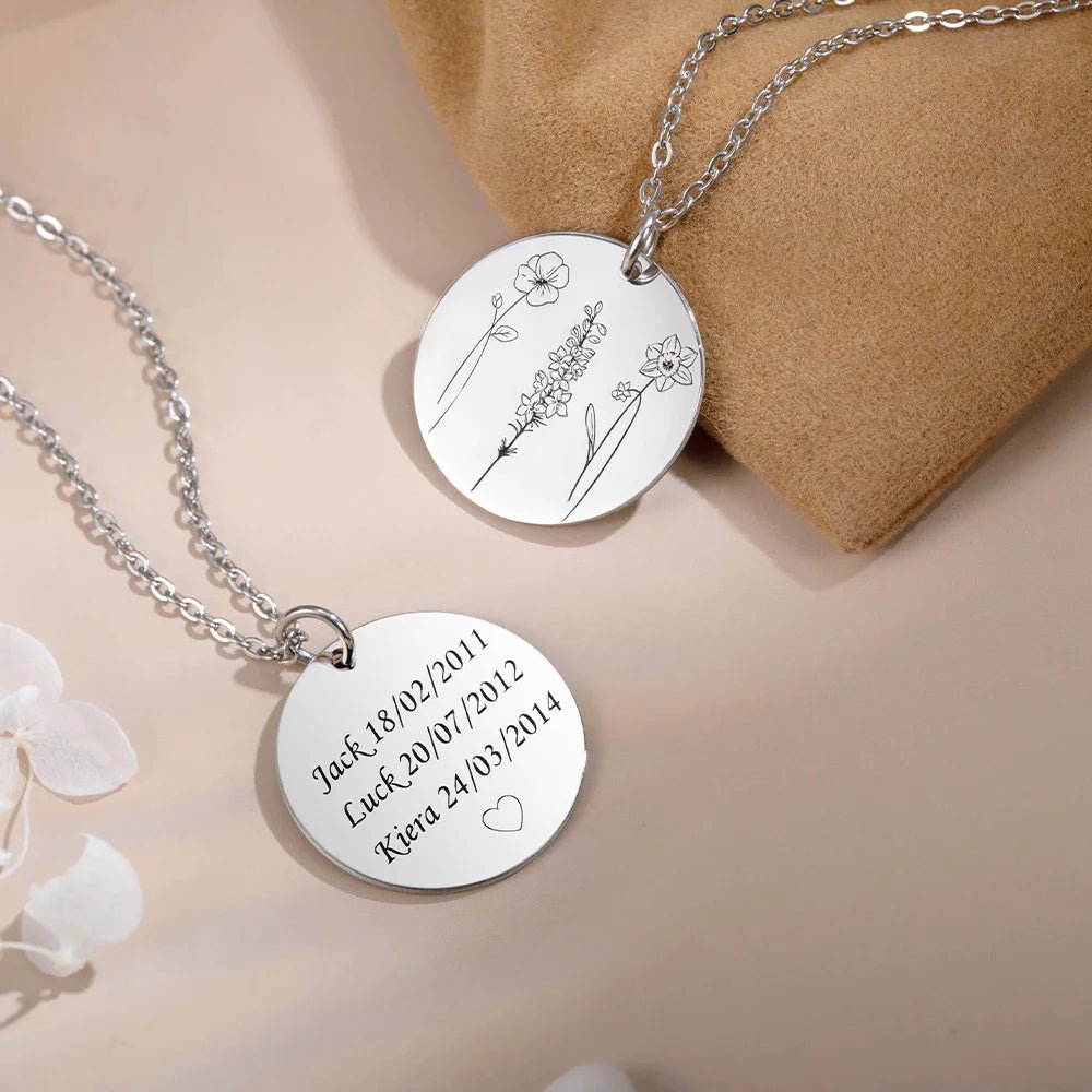 Personalized birthday flower necklace with 1-4 names engraved anniversary gift