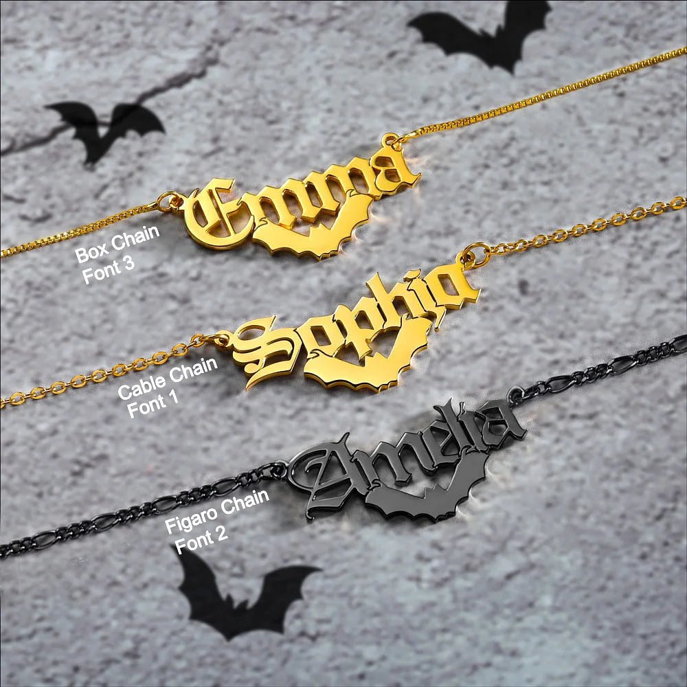 Personalized Gothic Bat Name Necklace, Halloween Necklace, Jewelry Gift, Christmas Gift, Women's Gift