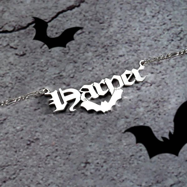 Personalized Gothic Bat Name Necklace, Halloween Necklace, Jewelry Gift, Christmas Gift, Women's Gift