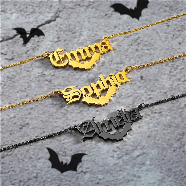 Personalized Gothic Bat Name Necklace, Halloween Necklace, Jewelry Gift, Christmas Gift, Women's Gift