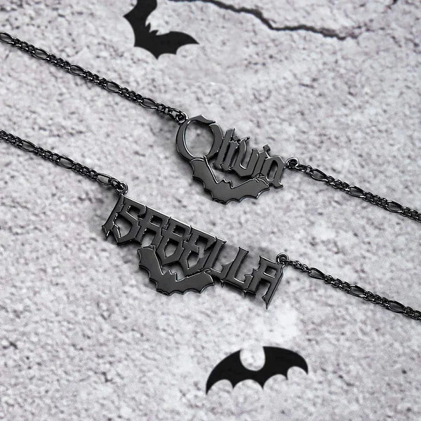 Personalized Gothic Bat Name Necklace, Halloween Necklace, Jewelry Gift, Christmas Gift, Women's Gift