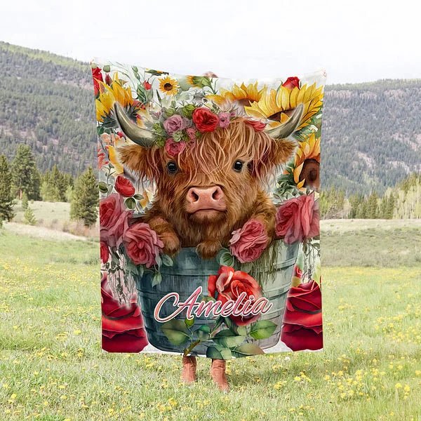 Personalized Highland Cow Wool Blanket with Floral Design - Perfect Gift for Any Occasion.