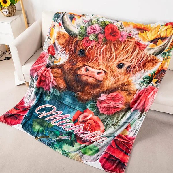 Personalized Highland Cow Wool Blanket with Floral Design - Perfect Gift for Any Occasion.