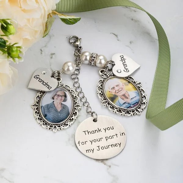 Personalized Lace Oval Photo Bouquet Charm with Heart Engraved Pendant Memorial Wedding Gift for Bride