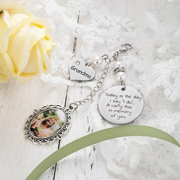 Personalized Lace Oval Photo Bouquet Charm with Heart Engraved Pendant Memorial Wedding Gift for Bride