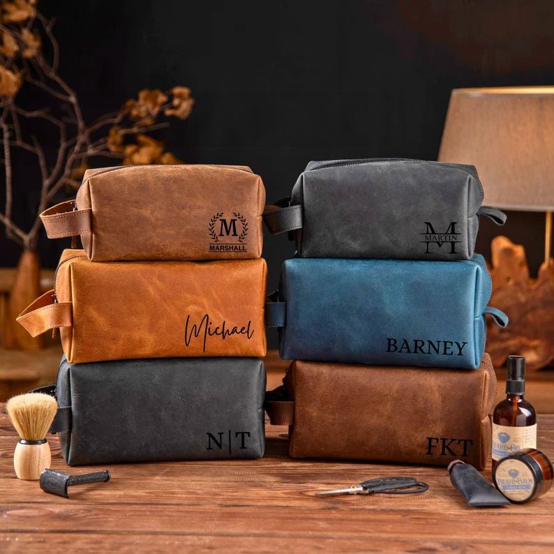 Personalized Men's Leather Toiletry Bag Groomsmen Gifts, Dopp Kit Men's Leather Accessory, Anniversary Gift for Him Graduation Gift for Him - 我的商店