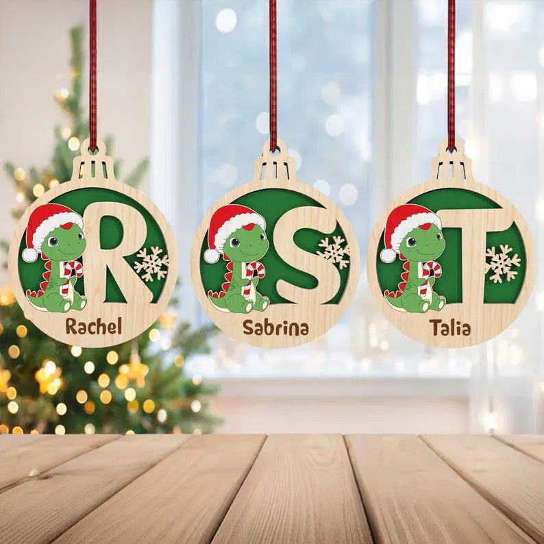 Personalized T-rex Dinosaur Christmas Balls, Monogram Alphabet Ornament, Christmas Dinosaur Ornament, Laser Cut