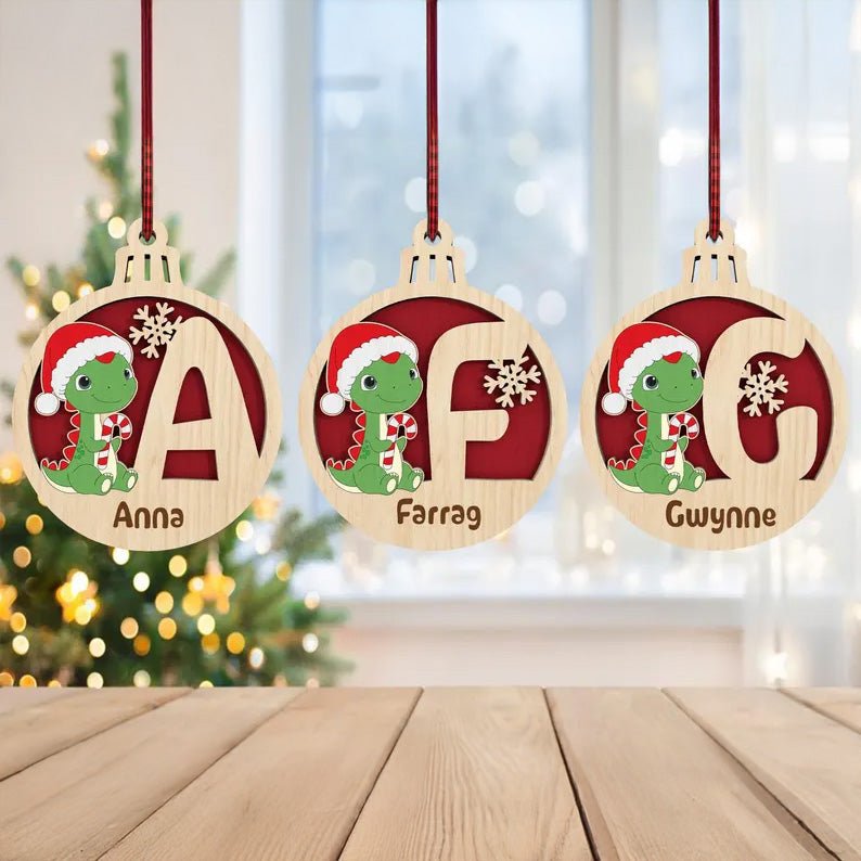 Personalized T-rex Dinosaur Christmas Balls, Monogram Alphabet Ornament, Christmas Dinosaur Ornament, Laser Cut