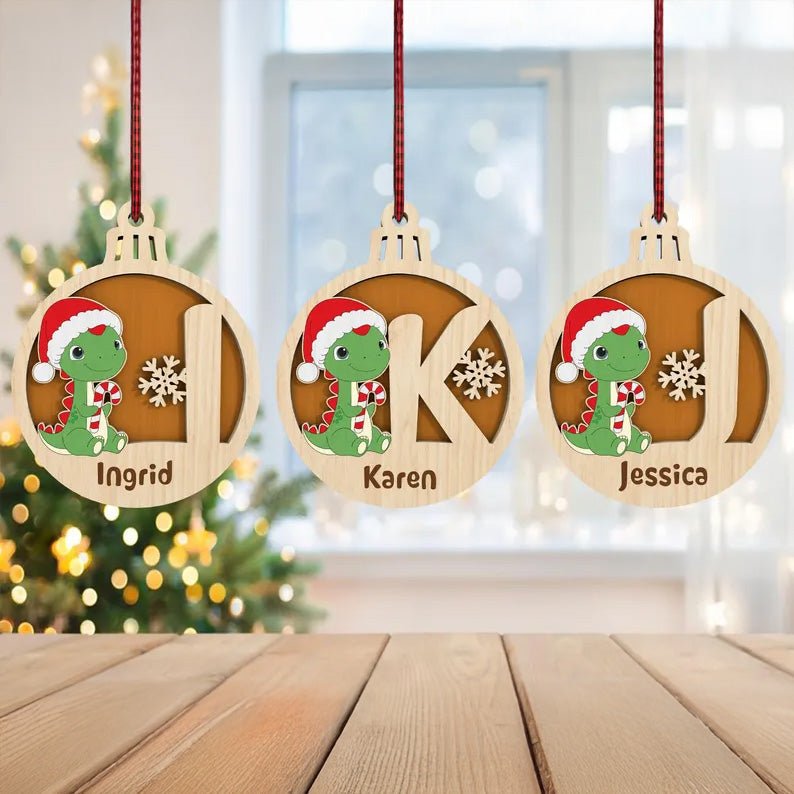 Personalized T-rex Dinosaur Christmas Balls, Monogram Alphabet Ornament, Christmas Dinosaur Ornament, Laser Cut