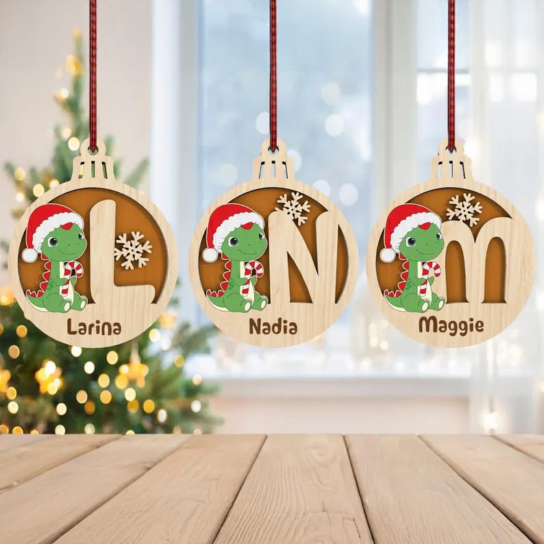 Personalized T-rex Dinosaur Christmas Balls, Monogram Alphabet Ornament, Christmas Dinosaur Ornament, Laser Cut