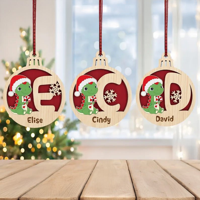 Personalized T-rex Dinosaur Christmas Balls, Monogram Alphabet Ornament, Christmas Dinosaur Ornament, Laser Cut