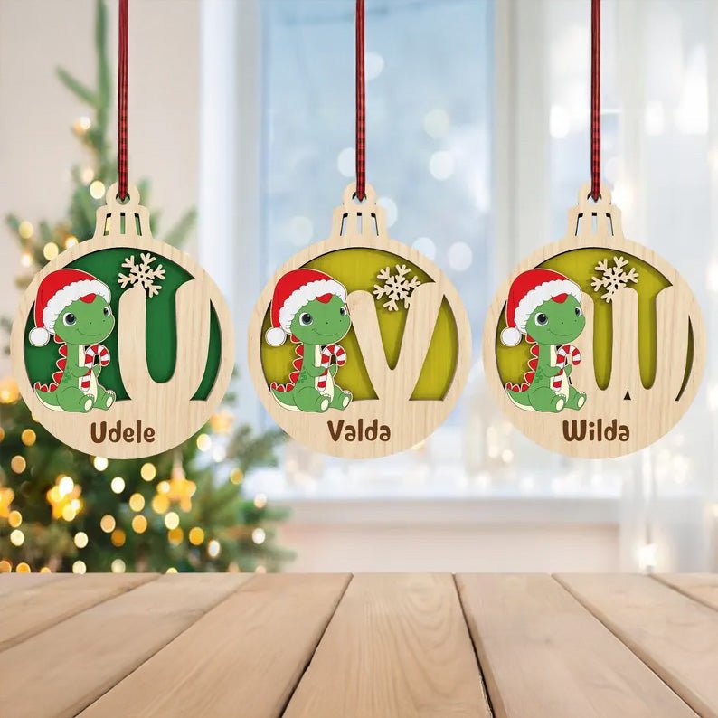 Personalized T-rex Dinosaur Christmas Balls, Monogram Alphabet Ornament, Christmas Dinosaur Ornament, Laser Cut