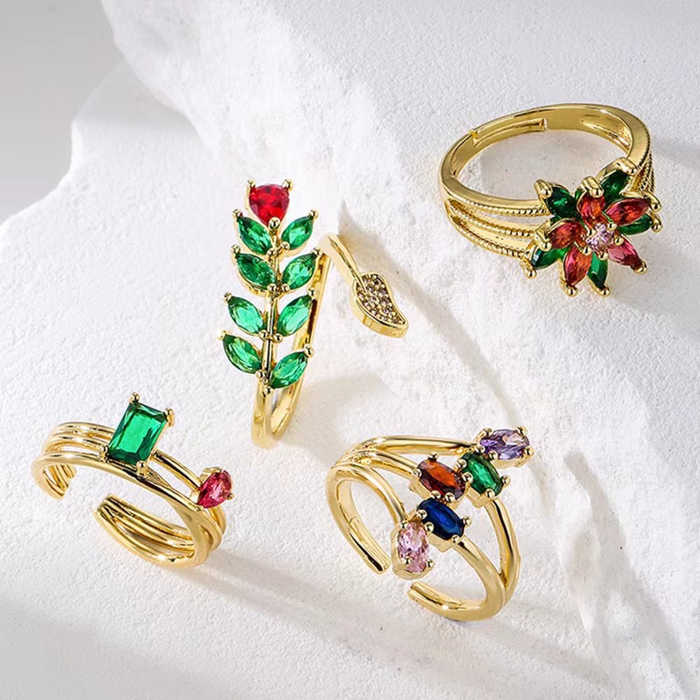 Retro luxury, geometric flowers, 3A grade selected gemstones, art rings