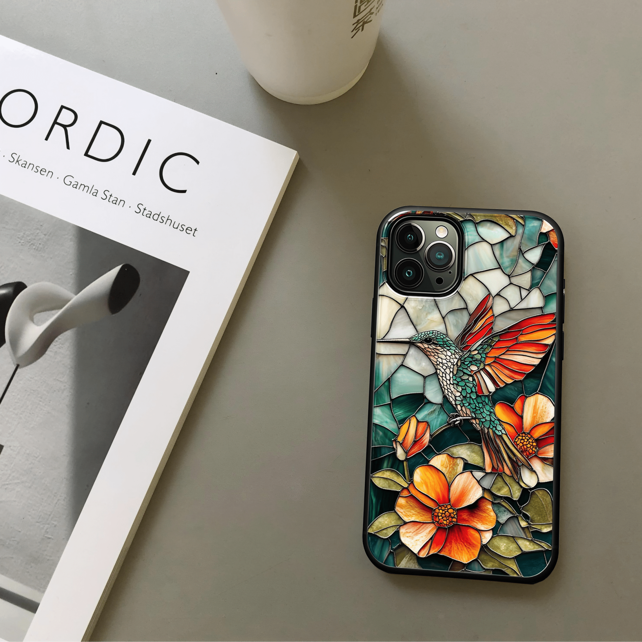 Stained glass flower and bird romance phone case, multiple styles available, iPhone, Pixel, Samsung