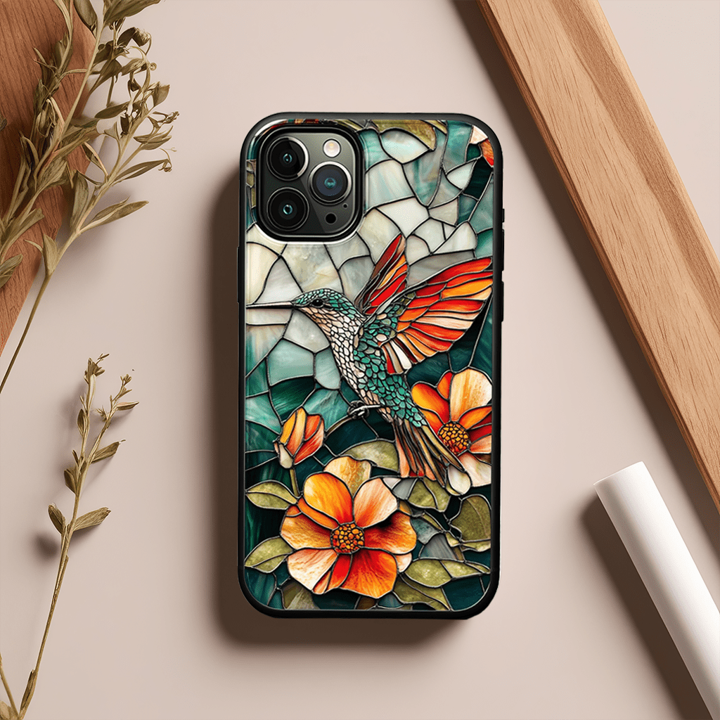 Stained glass flower and bird romance phone case, multiple styles available, iPhone, Pixel, Samsung