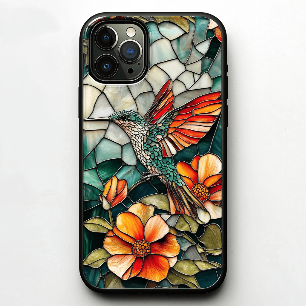 Stained glass flower and bird romance phone case, multiple styles available, iPhone, Pixel, Samsung