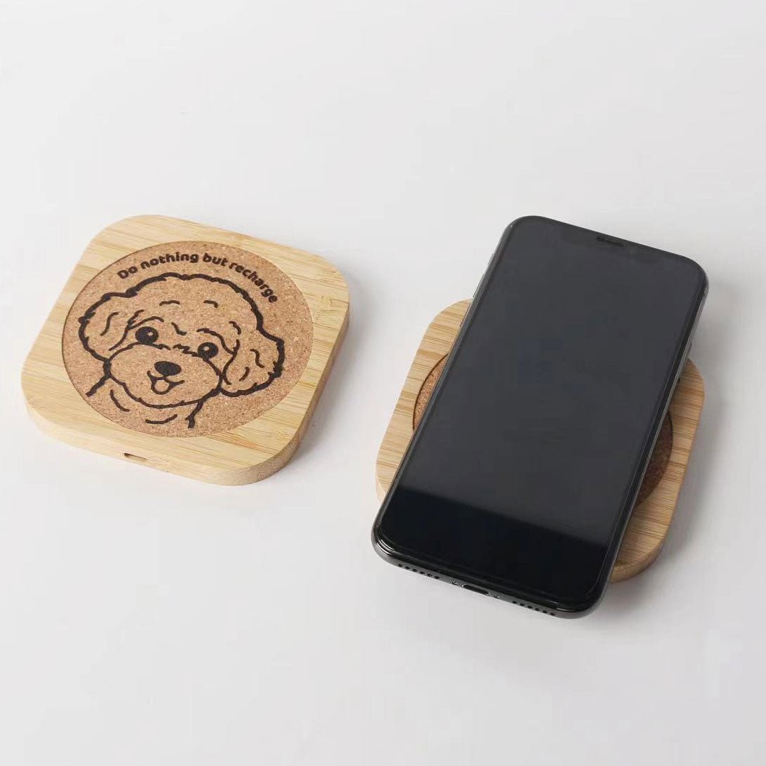 Super eco-friendly wireless charger made from bamboo, personalized with custom designs and text