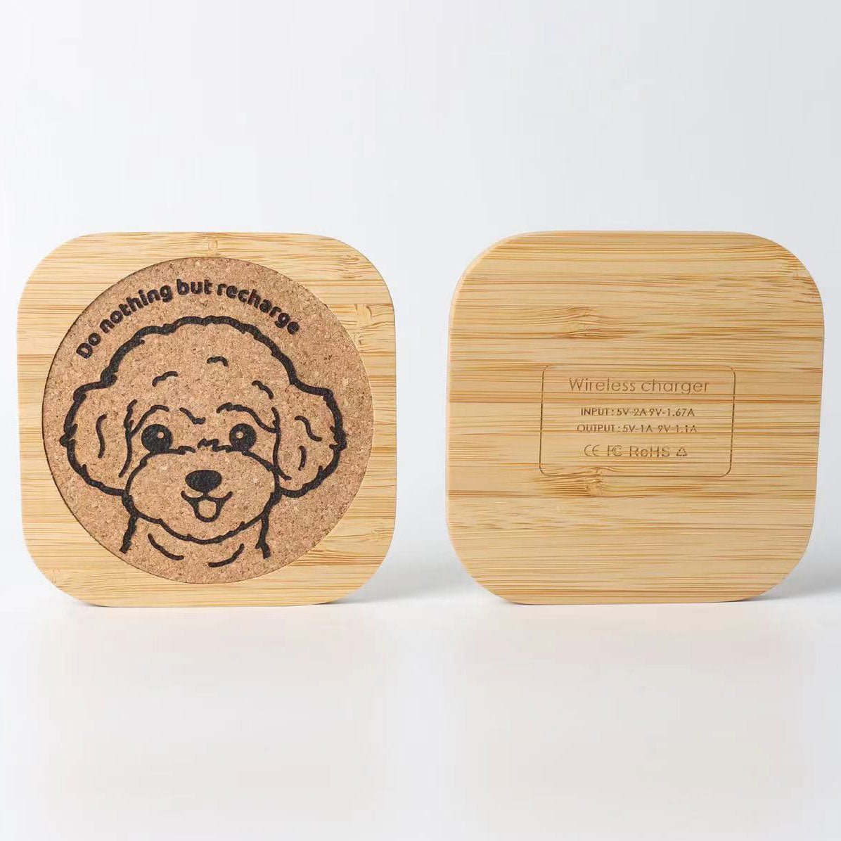 Super eco-friendly wireless charger made from bamboo, personalized with custom designs and text