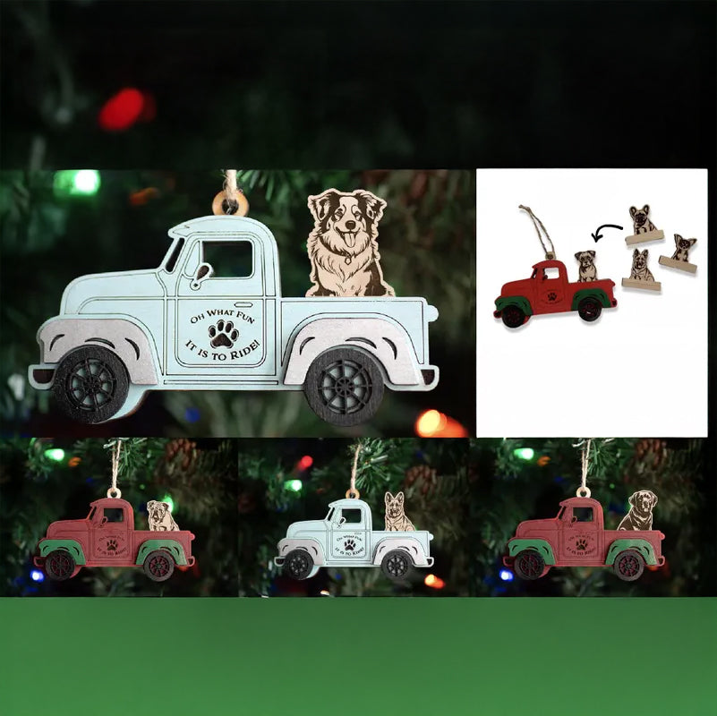 Christmas truck ornaments, dog pattern, Christmas decorations, removable, memorial decorations